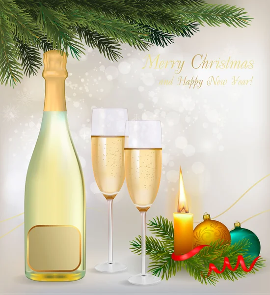 Holiday bakgrund med två glas champagne och flaska. vektor. — Stock vektor