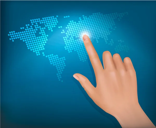 Finger berühren Weltkarte auf einem Touchscreen. Vektor. — Stockvektor