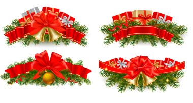 Set of holiday christmas garlands with red ribbons. Vector. clipart