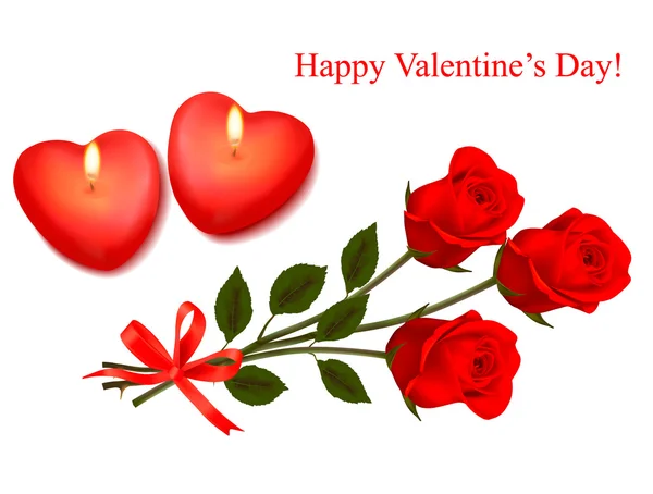 バレンタインの背景。赤いバラと 2 つの心のキャンドル。ベクトル. — ストックベクタ