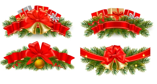 Set di ghirlande natalizie natalizie con nastri rossi. Vettore . — Vettoriale Stock