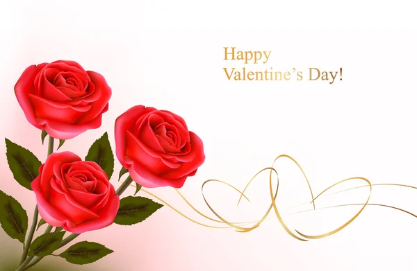 Fondo del día de San Valentín. Rosas rojas y arcos de oro de regalo. Vector illustrati — Vector de stock