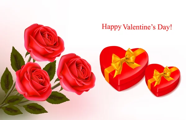 Fondo San Valentín. Rosas rojas y dos cajas en forma de corazón. Vecto. — Vector de stock