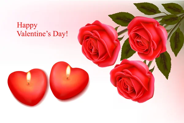 Valentijn achtergrond. rode rozen en twee hart kaarsen. vector. — Stockvector