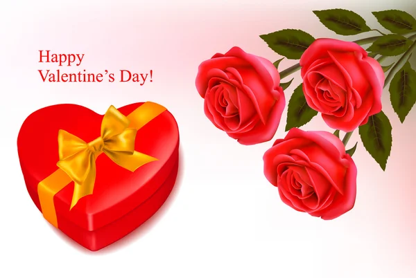 Valentine background. Red roses and a box in the shape of heart. Vector ill — Stock Vector