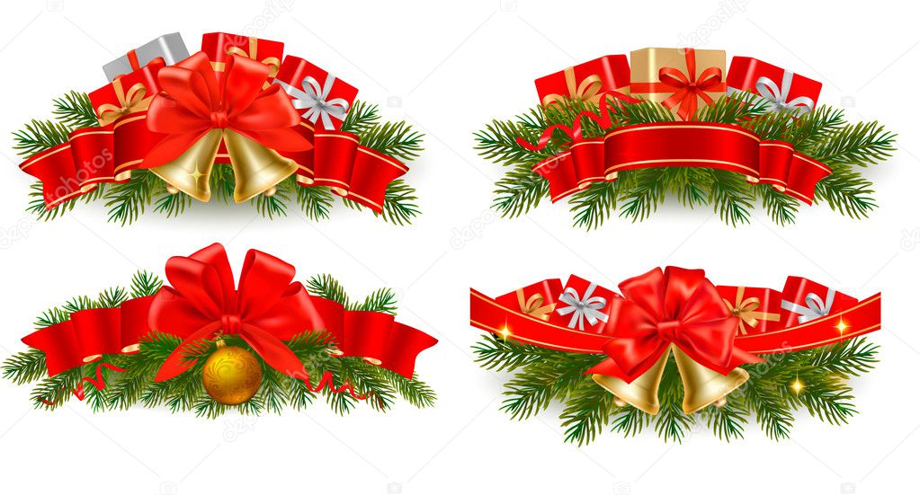 Set of holiday christmas garlands with red ribbons. Vector.