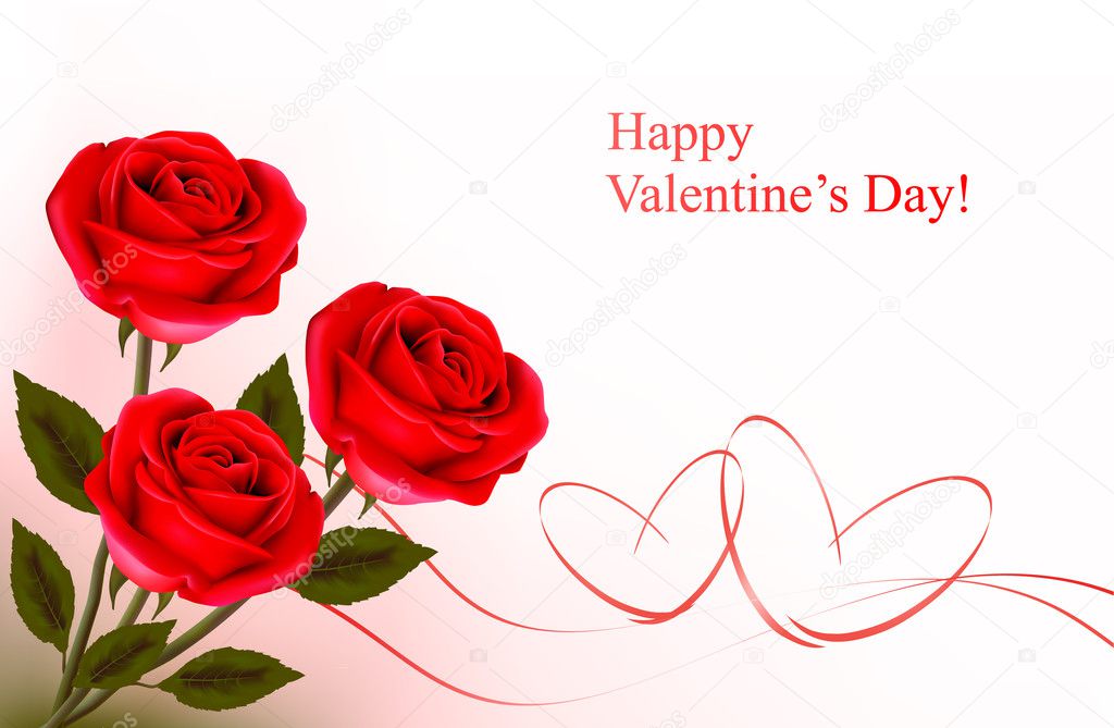 Valentine`s day background. Red roses and gift red bow. Vector illustration