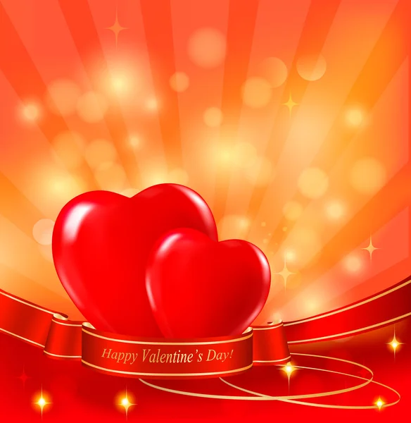 Valentine`s day background with two red hearts and ribbons. Vector. — Stock Vector