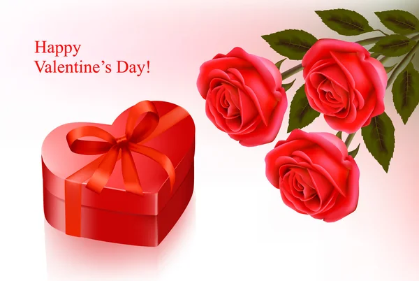 Fondo del día de San Valentín. Rosas rojas y caja roja de regalo. Ilustración vectorial — Vector de stock