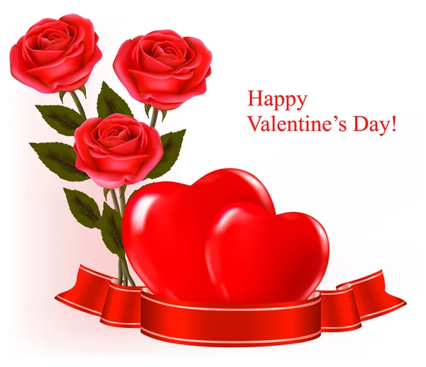 Fondo del día de San Valentín. Rosas rojas y lazo rojo regalo. Ilustración vectorial — Vector de stock