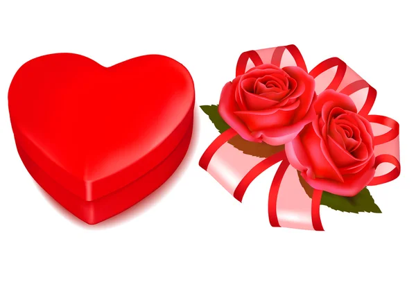 День святого Валентина. Красные розы и подарок красный лук. Векторная иллюстрация — стоковый вектор