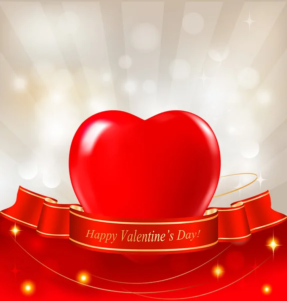 Valentine`s day background with red heart and ribbons. Vector. — Stock Vector