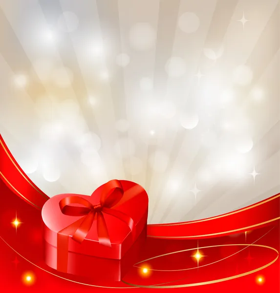 Valentine`s day background with red gift box with bow and ribbons. Vector. — Stock Vector