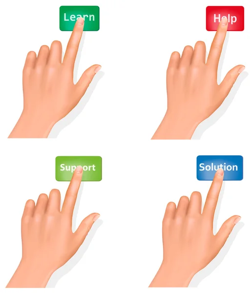 Conjunto de manos presionando diferentes botones y pulgar hacia arriba. Vector . — Vector de stock