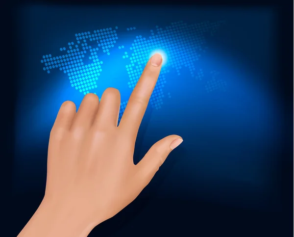 Finger tocando mapa do mundo em uma tela sensível ao toque. Vetor — Vetor de Stock