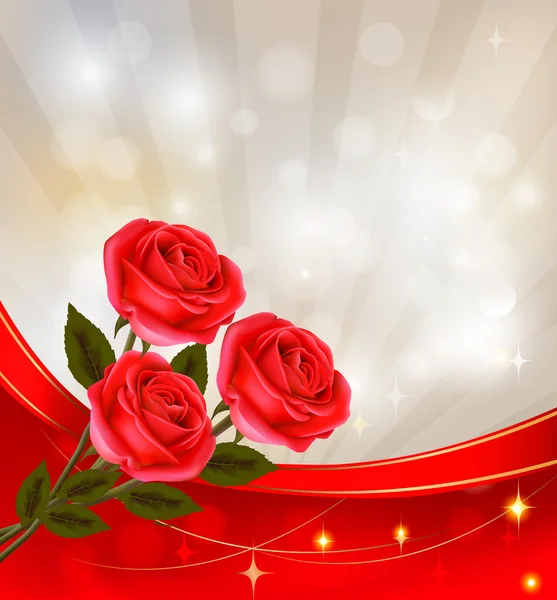 情人节那天背景。用礼物红丝带的红玫瑰。矢量怡乐思 — 图库矢量图片