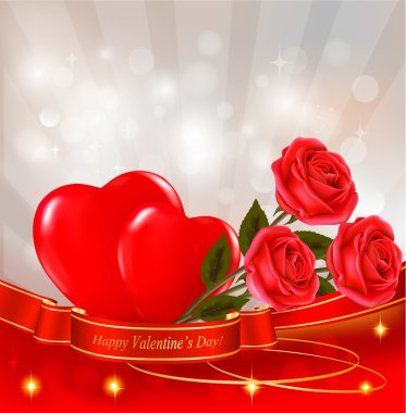 Valentine`s day background. Red roses and gift red bow. clipart