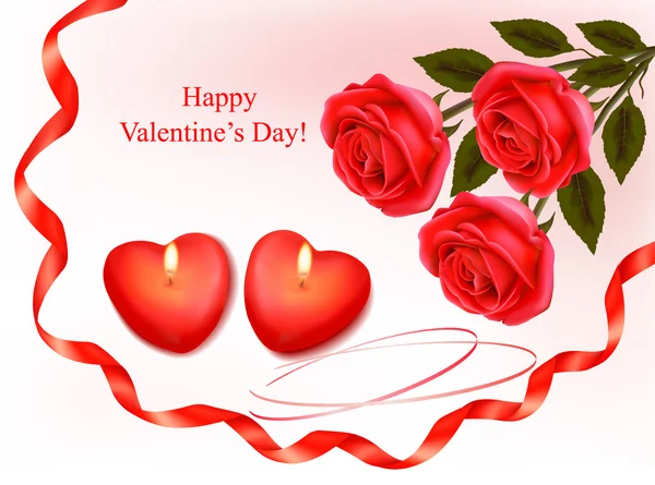 Der Hintergrund des Valentinstages. Rote Rosen und rote Schleife. — Stockvektor
