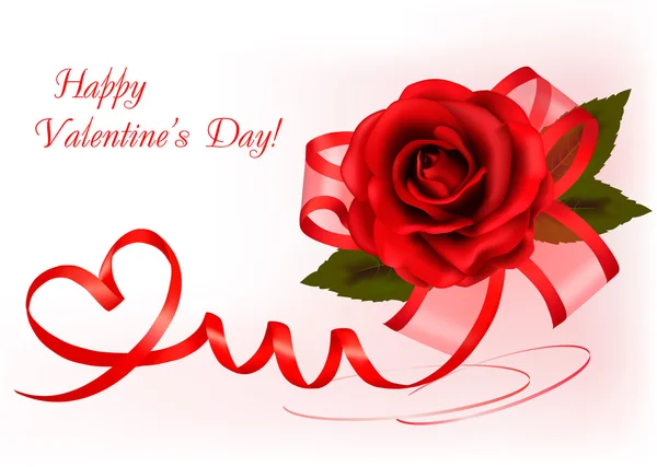 Fondo del día de San Valentín. Rosa roja con lazo rojo regalo. Ilustración vectorial — Archivo Imágenes Vectoriales