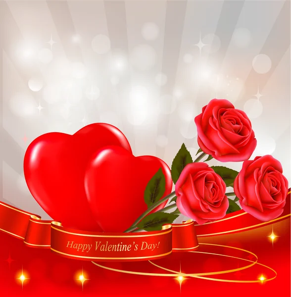 Φόντο ημέρα του Αγίου Βαλεντίνου. κόκκινα τριαντάφυλλα και δώρο κόκκινο τόξο. — Διανυσματικό Αρχείο