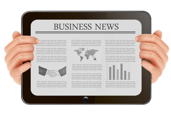 Hand holding digital tablet pc with business news. Vector illustration — Stock Vector