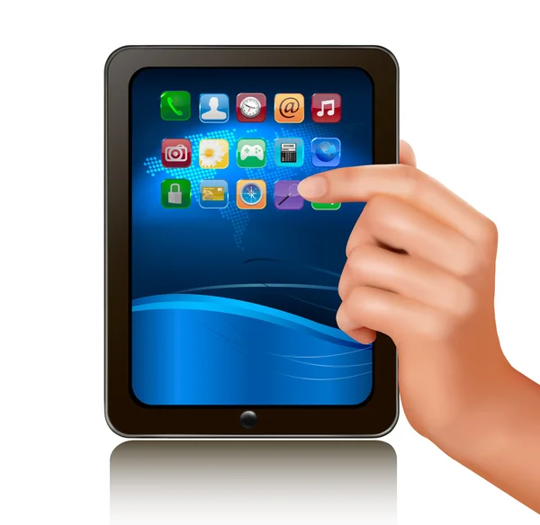 Uma mão segurando computador tablet digital com ícones . — Vetor de Stock