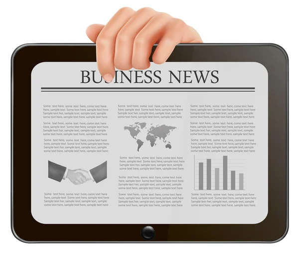 Χέρι που κρατά ψηφιακή tablet pc με επιχειρηματικές ειδήσεις. εικονογράφηση φορέας — Διανυσματικό Αρχείο