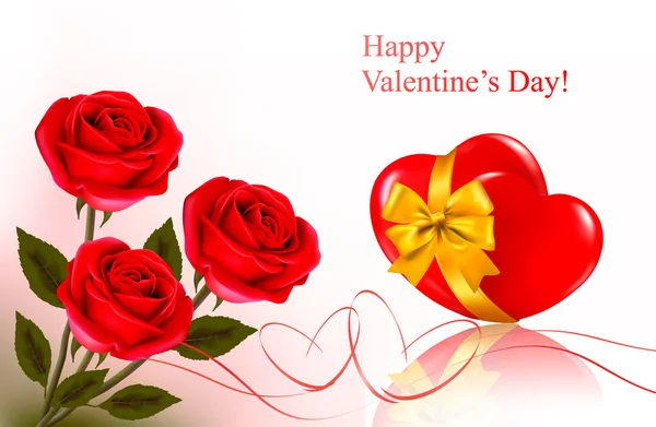 Aftelkalender voor Valentijnsdag achtergrond. rode rozen en cadeau rode boog. — Stockvector