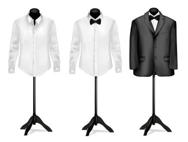 Black suit and white shirt with butterfly on mannequins. clipart