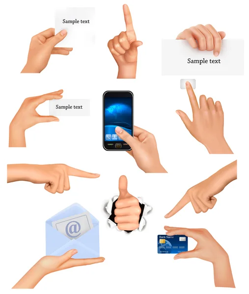 Set di mani che tengono oggetti aziendali diversi. Illustrazione vettoriale — Vettoriale Stock