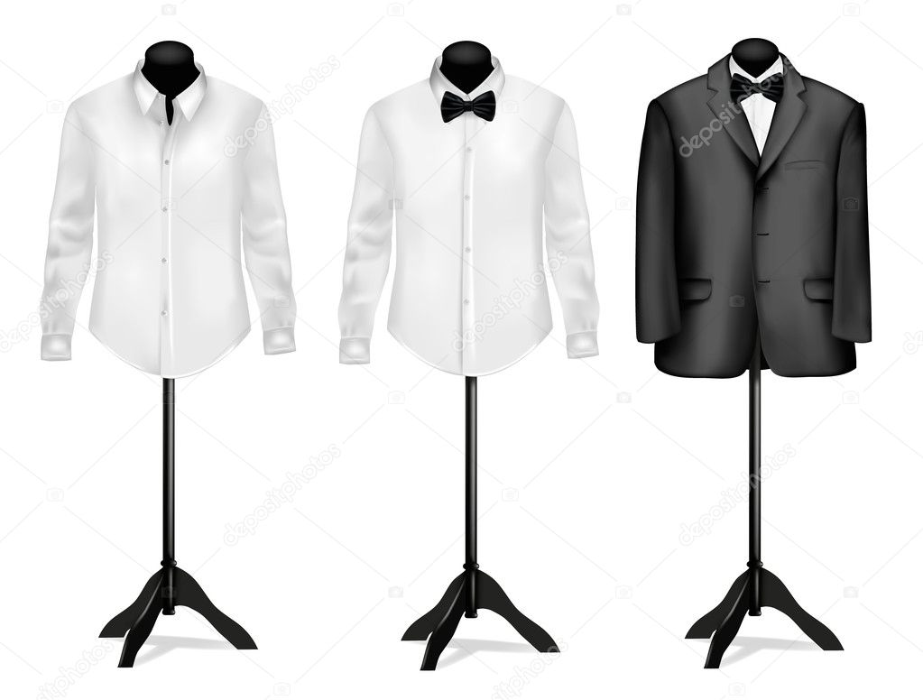 Black suit and white shirt with butterfly on mannequins.