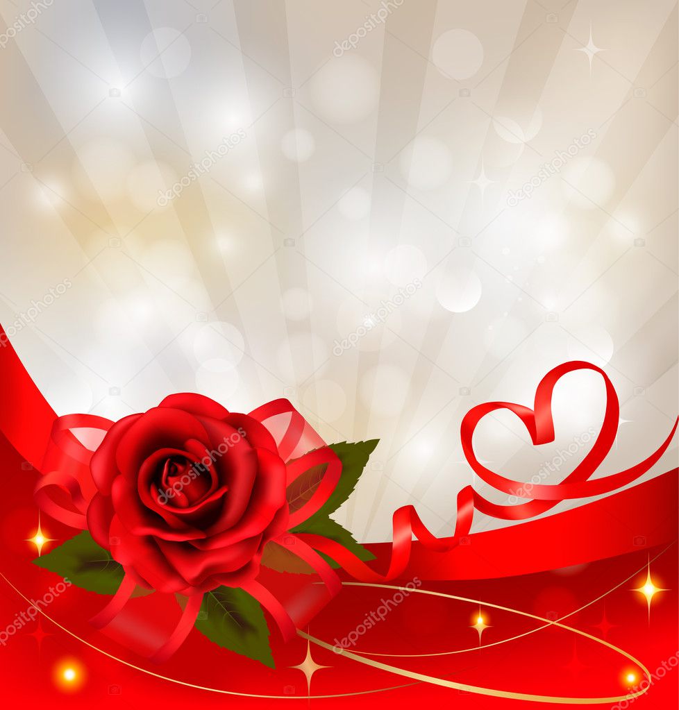 Valentine`s day background. Red rose with gift red bow. Vector illustration
