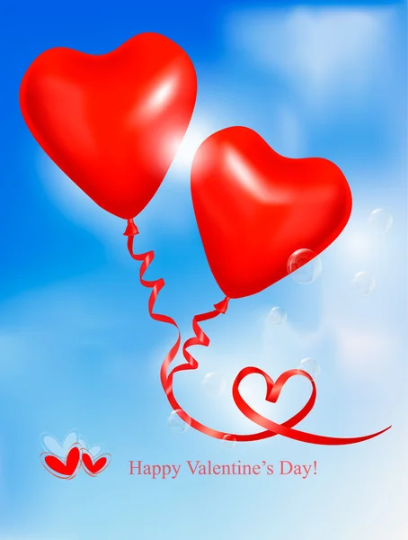 Red heart balloons in blue sky. Valentine background. Vector. — Stock Vector