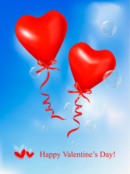 Červené srdce balónky modré obloze. Valentine pozadí. vektor. — Stockový vektor