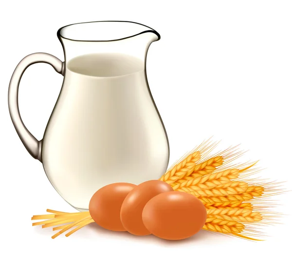 Glass jug with milk, wheat seeds and eggs. Vector illustration. — Stock Vector