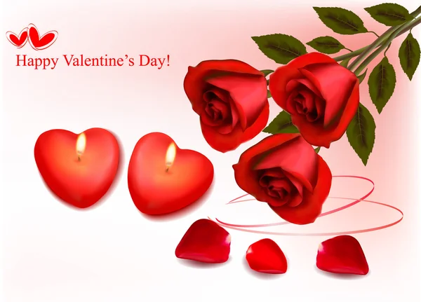 Lo sfondo di San Valentino. Rose rosse e due candele al cuore. Vettore . — Vettoriale Stock