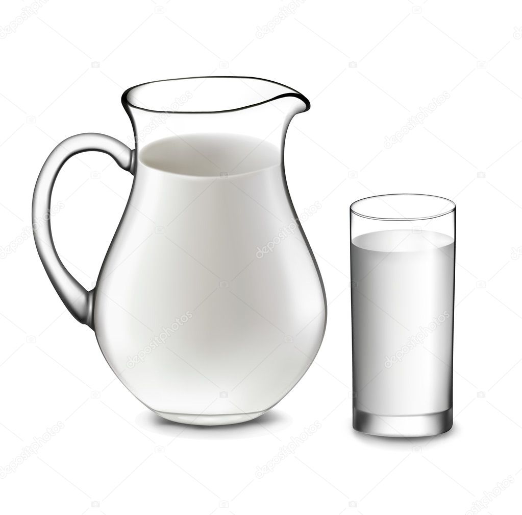 Leche en vaso y jarra. jarra con leche plana