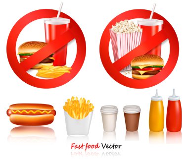 Two Fast food danger labels and group of fast food products. clipart