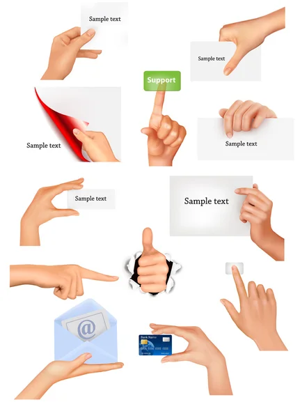 Set di mani che tengono oggetti aziendali diversi. Illustrazione vettoriale — Vettoriale Stock