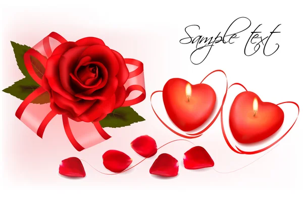Valentine`s day background. Red roses and two heart candles. Vector. — Stock Vector