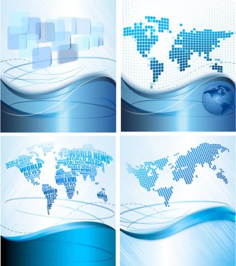 Four Business abstract backgrounds with world map. Vector illustration. clipart