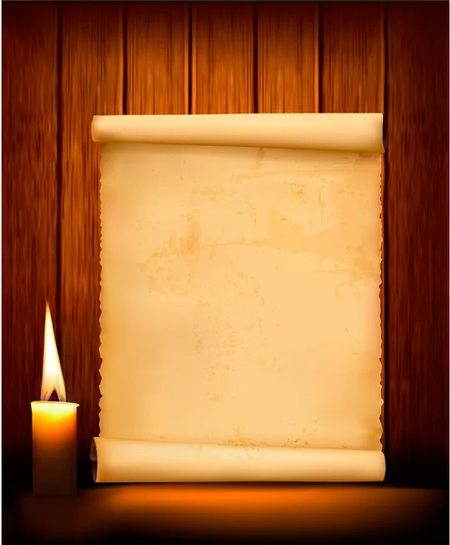 Background with old paper and candle. Vector illustration — Stock Vector
