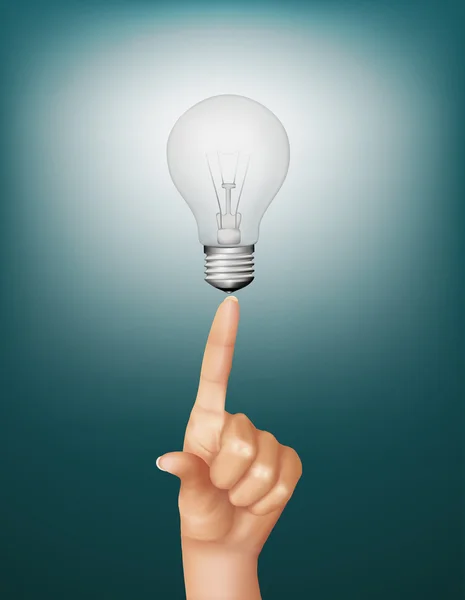 Finger touching brightly lit light bulb. Concept of idea. Vector. — Stock Vector