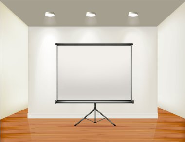 Empty frame on wall with spot lights and wood background. Vector illustrati clipart