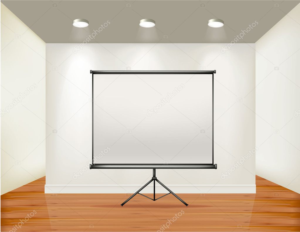 Empty frame on wall with spot lights and wood background. Vector illustrati