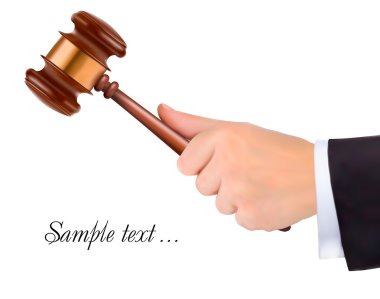 Hand holding judge's gavel. Vector clipart