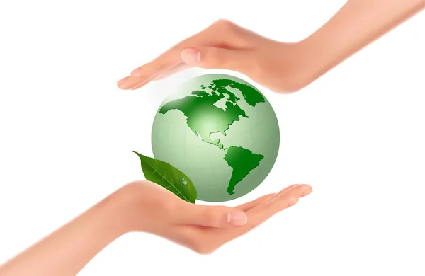 Menschliche Hand hält grünen Globus mit Blättervektor — Stockvektor