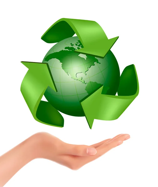 Main humaine tenant globe vert avec feuilles vecteur — Image vectorielle