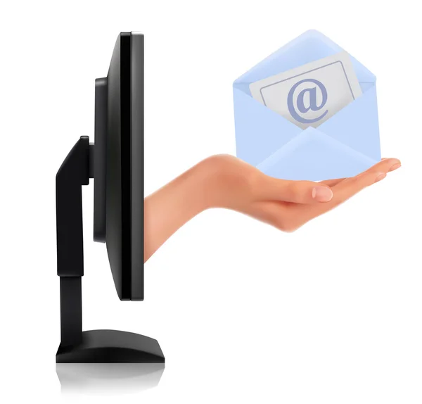 E-posta mektubu vektör tutan bir monitör ekranından el — Stok Vektör