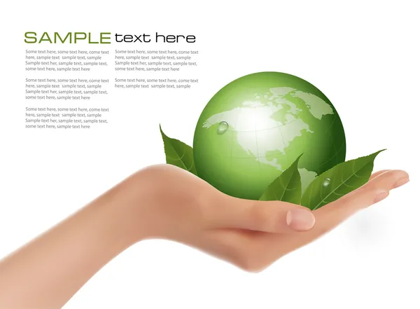Menschliche Hand hält grünen Globus mit Blättervektor — Stockvektor